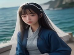 手持望远镜的女性海盗剪影站在船桅瞭望台上，逆光中轮廓清晰，远处是落日与海平线